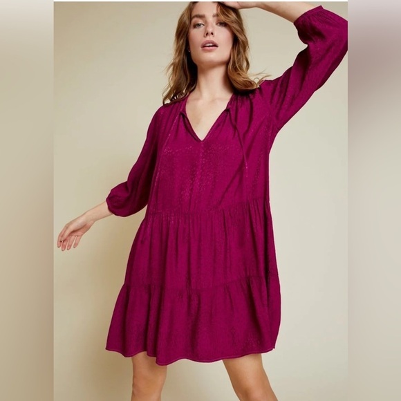 Nation LTD Liza 3/4 Sleeve Tiered Dress in Berry Cheetah Jacquard Sateen, Small - Picture 6 of 9